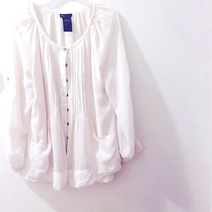 Grace Elements Size L Cream Long Sleeve Top Round Neck Button Front